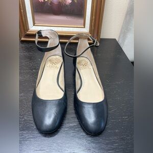 Vince Camuto Women's Black Ankle Strap Flats with Gold Trim 6.5